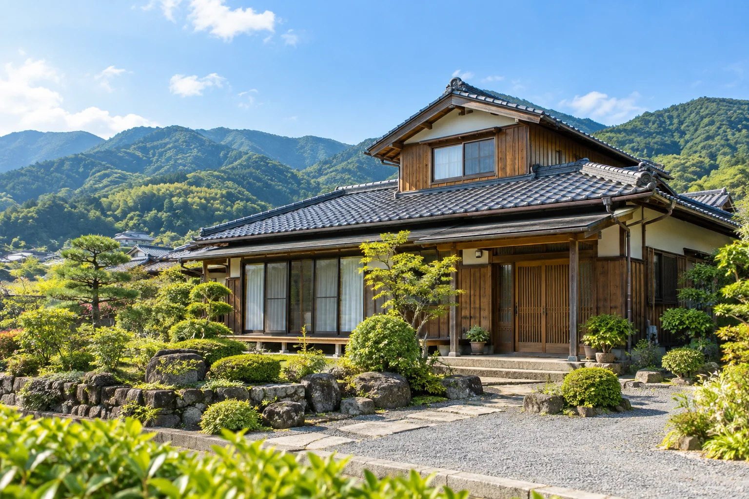 瓦屋根と庭のある日本の一戸建て住宅のイメージ